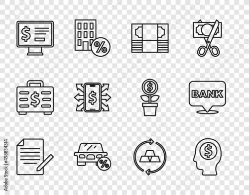 Set line Document and pen, Business man planning mind, Stacks paper money cash, Car leasing percent, Monitor with dollar, Smartphone, Gold bars and Bank building icon. Vector