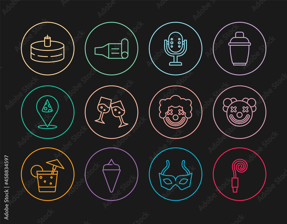 Set line Birthday party horn, Clown head, Microphone, Glass of champagne, Slice pizza, Cake with burning candles, and icon. Vector