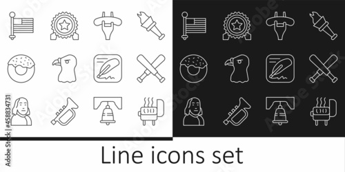 Set line Barbecue grill, Crossed baseball bat, Sausage on the fork, Eagle head, Donut, American flag, Declaration of independence and Medal with star icon. Vector © vector_v