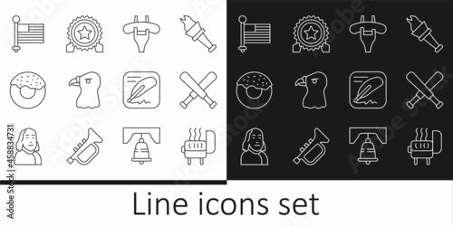 Set line Barbecue grill, Crossed baseball bat, Sausage on the fork, Eagle head, Donut, American flag, Declaration of independence and Medal with star icon. Vector