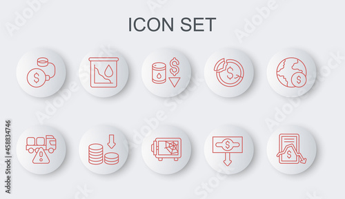 Set line Mobile stock trading, Stop delivery cargo truck, Drop crude oil price, Dollar rate decrease, Debt ball chained coin, and Safe icon. Vector
