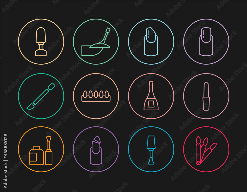 Set line False nails, Nail file, Broken, Cuticle pusher, Milling cutter for manicure, Bottle of polish and Manicure icon. Vector Set line False nails, Nail file, Broken, Cuticle pusher, Milling cutter for manicure, Bottle of polish and Manicure icon. Vector
