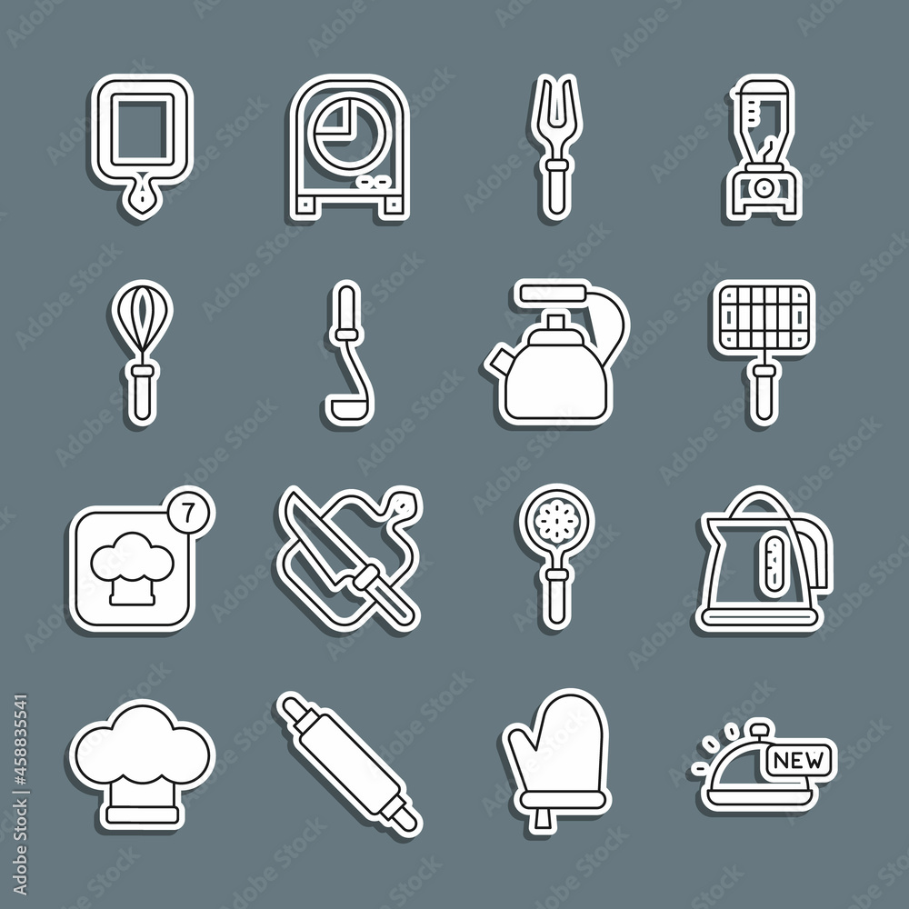 Set line Covered with tray of food, Electric kettle, Barbecue steel grid, fork, Kitchen ladle, whisk, Cutting board and Kettle handle icon. Vector Set line Covered with tray of food, Electric kettle, Barbecue steel grid, fork, Kitchen ladle, whisk, Cutting board and Kettle handle icon. Vector