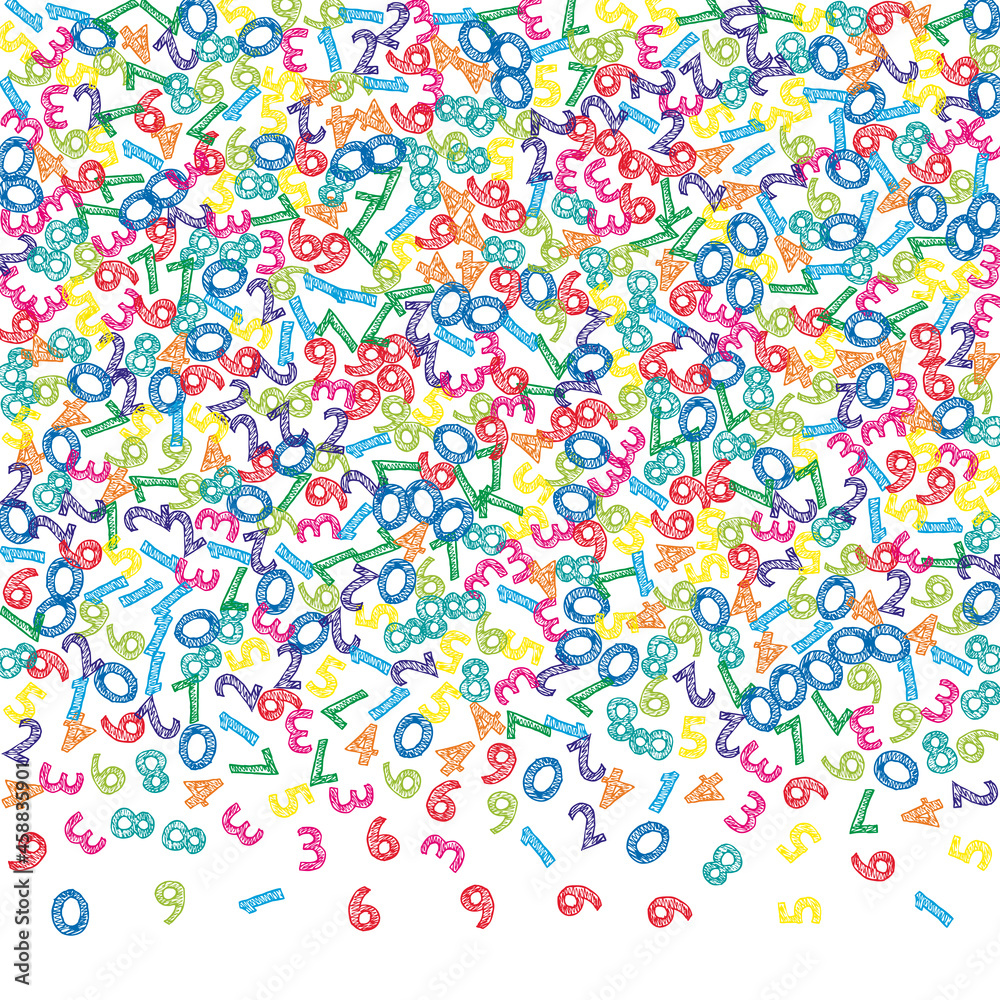 Falling colorful sketch numbers. Math study concept with flying digits. Grand back to school mathematics banner on white background. Falling numbers vector illustration. Falling colorful sketch numbers. Math study concept with flying digits. Grand back to school mathematics banner on white background. Falling numbers vector illustration.