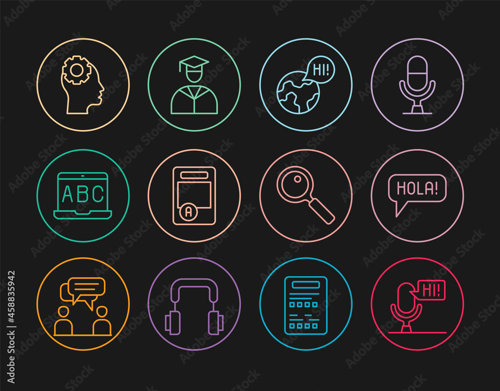 Set line Microphone voice device, Learning foreign, Exam sheet with A plus grade, Foreign online study, Head gear inside, Magnifying glass and Graduate and graduation cap icon. Vector Set line Microphone voice device, Learning foreign, Exam sheet with A plus grade, Foreign online study, Head gear inside, Magnifying glass and Graduate and graduation cap icon. Vector