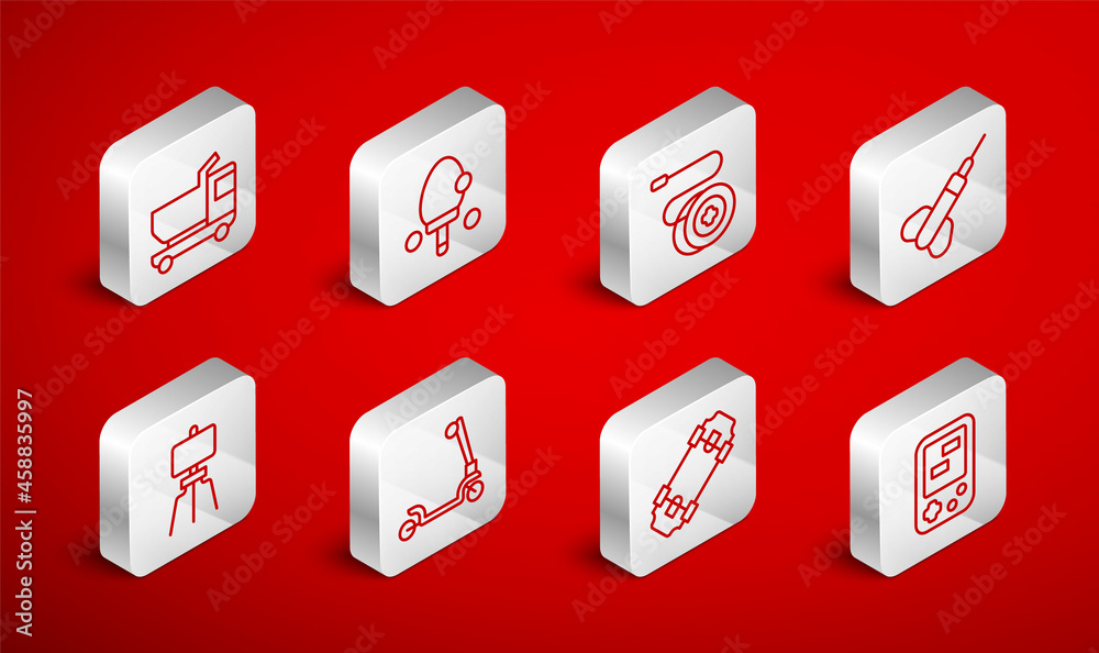 Set line Tetris electronic game, Racket, Yoyo toy, Dart arrow, Skateboard, Toy truck, Roller scooter and Wood easel icon. Vector Set line Tetris electronic game, Racket, Yoyo toy, Dart arrow, Skateboard, Toy truck, Roller scooter and Wood easel icon. Vector