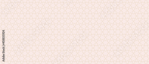 Subtle golden abstract geometric seamless pattern. Delicate vector lines texture, elegant lattice, mesh, weave, floral shapes, stars. Traditional oriental background. Modern gold ornament. Wide design