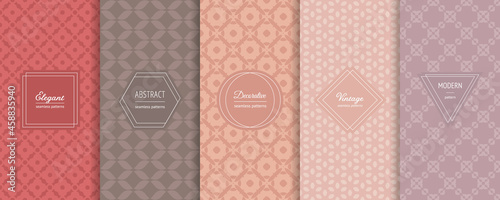 Set of floral geometric seamless patterns. Vector set of stylish pastel backgrounds with elegant minimal labels. Abstract vintage ornament texture. Trendy nude color palette. Design for print, decor