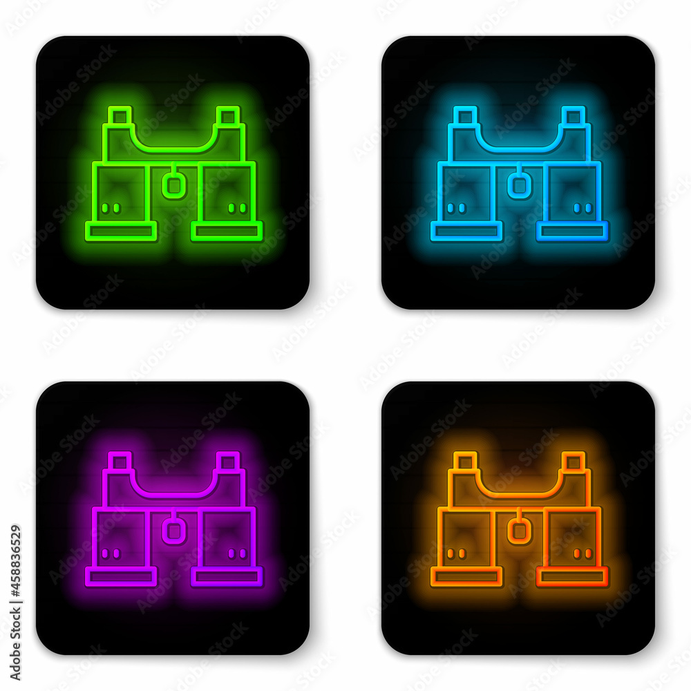 Glowing neon line Binoculars icon isolated on white background. Find software sign. Spy equipment symbol. Black square button. Vector Glowing neon line Binoculars icon isolated on white background. Find software sign. Spy equipment symbol. Black square button. Vector