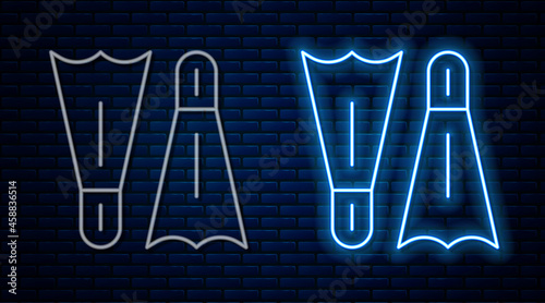 Glowing neon line Rubber flippers for swimming icon isolated on brick wall background. Diving equipment. Extreme sport. Diving underwater equipment. Vector