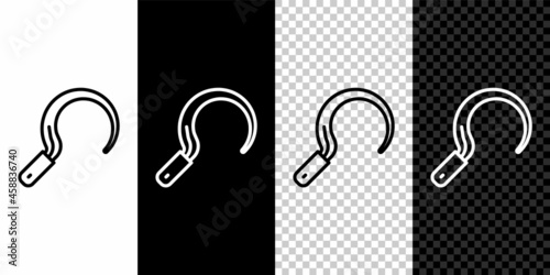 Set line Sickle icon isolated on black and white, transparent background. Reaping hook sign. Vector