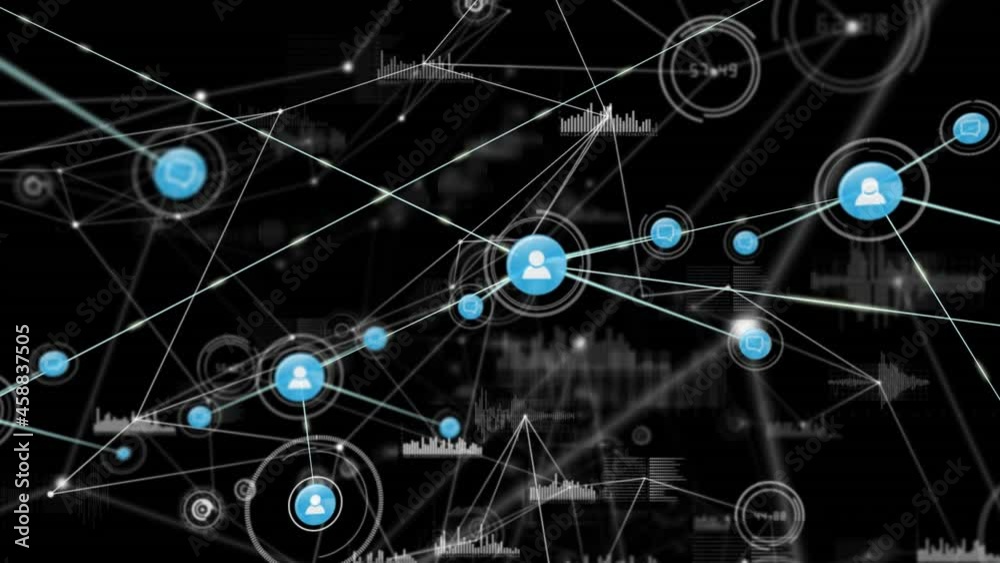 Animation of network of connections with icons and data processing over black background Animation of network of connections with icons and data processing over black background
