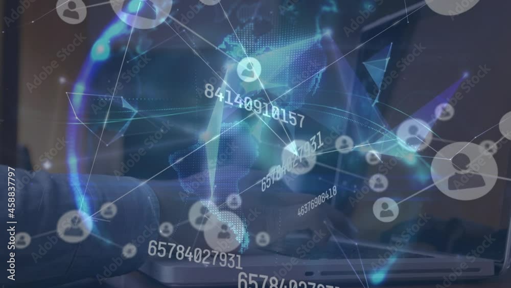 Animation of network of connections and globe over man using laptop Animation of network of connections and globe over man using laptop