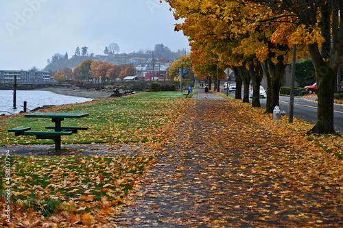 Tacoma Washington Waterfront Walkway and Picnic Table in Autumn