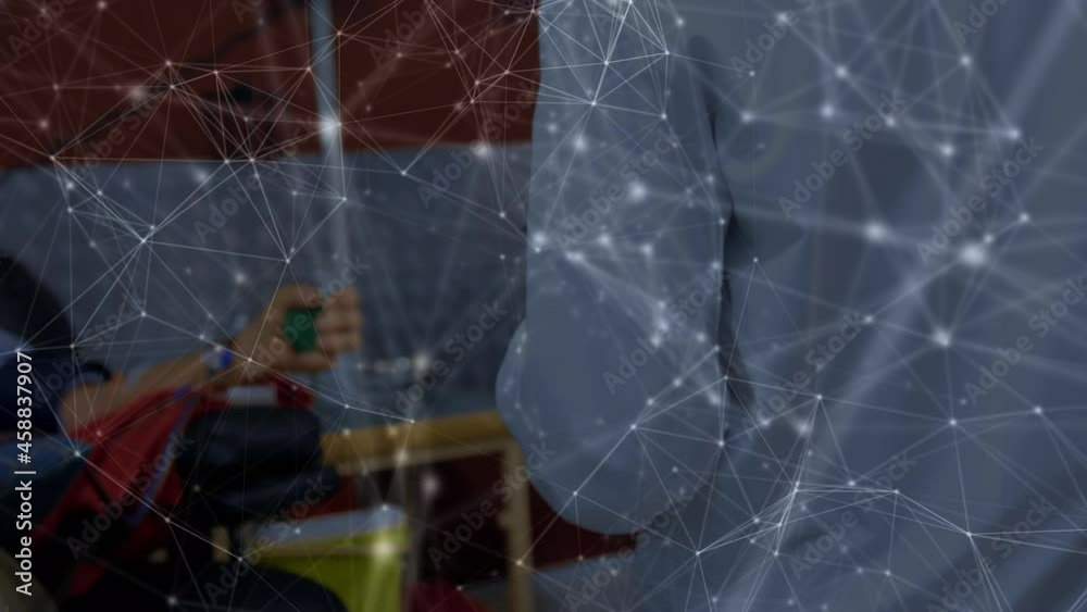 Animation of network of connections and data processing over doctor and blood donor Animation of network of connections and data processing over doctor and blood donor
