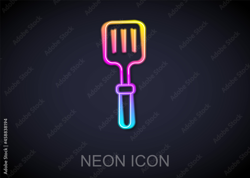 Glowing neon line Barbecue spatula icon isolated on black background. Kitchen spatula icon. BBQ spatula sign. Barbecue and grill tool. Vector Glowing neon line Barbecue spatula icon isolated on black background. Kitchen spatula icon. BBQ spatula sign. Barbecue and grill tool. Vector