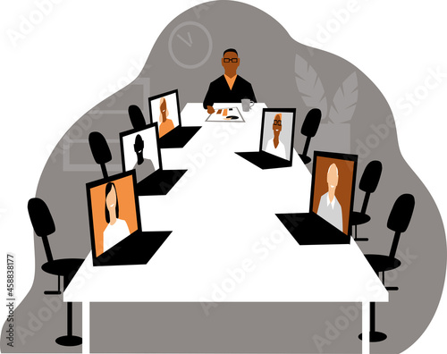 Hybrid workplace company holding a meeting where most employees participating via online video conference, EPS 8 vector illustration	