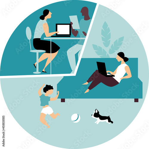 Woman in hybrid work place sharing her time between an office and working from home and taking care of kid, EPS 8 vector illustration	
 photo