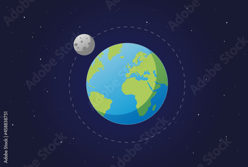 Planet Earth in the space with the moon in orbit around - infographic vector illustration in flat design