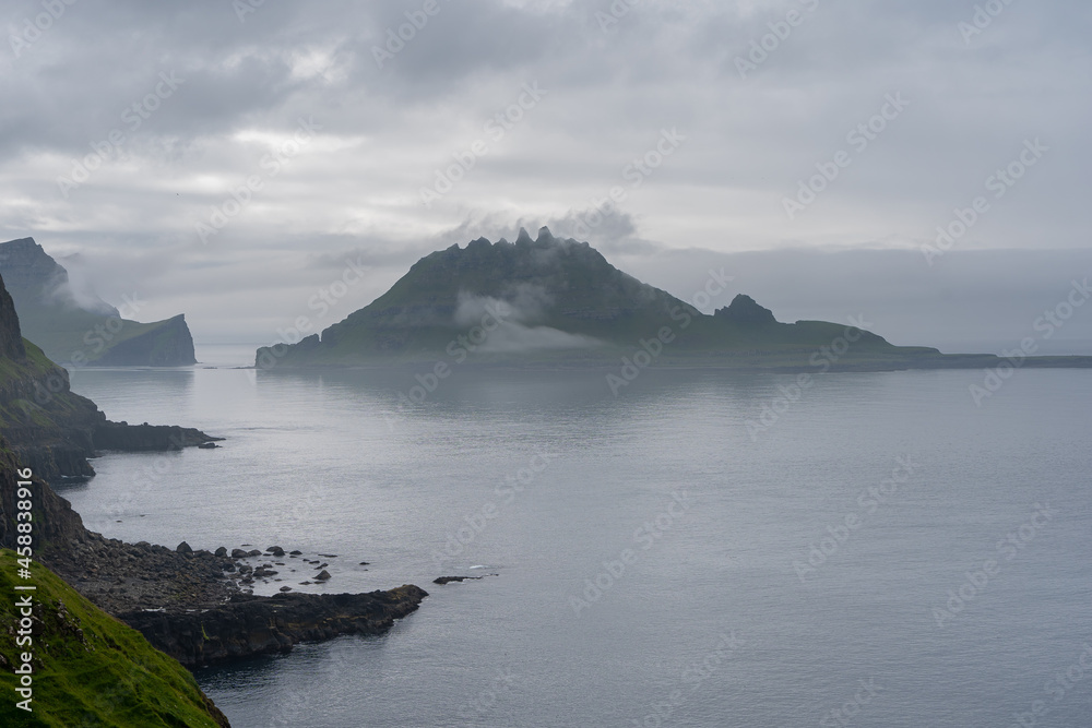 Beautiful aerial view of Gasadalur landscapes in the Faroe Islands