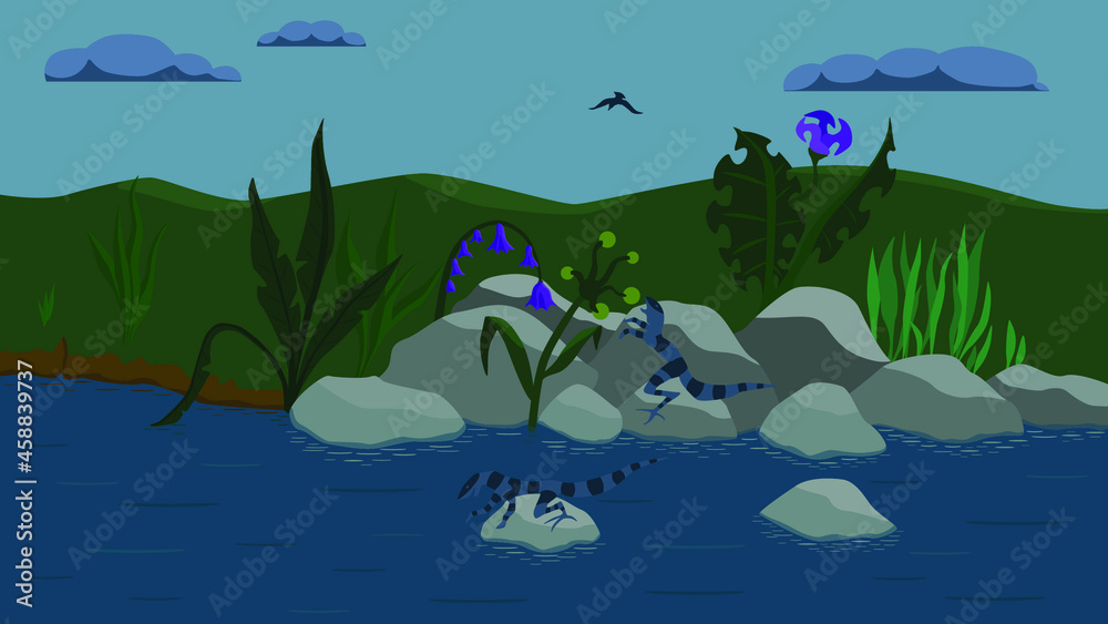 A River With Rocks And Plants On The Shore, With Curious Lizards