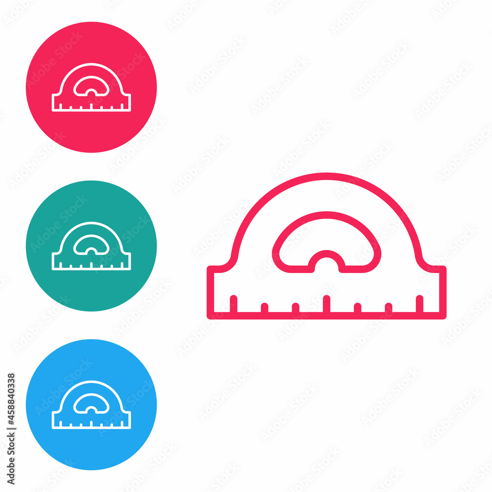 Red line Protractor grid for measuring degrees icon isolated on white background. Tilt angle meter. Measuring tool. Geometric symbol. Set icons in circle buttons. Vector Red line Protractor grid for measuring degrees icon isolated on white background. Tilt angle meter. Measuring tool. Geometric symbol. Set icons in circle buttons. Vector