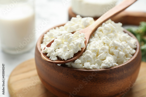 Delicious fresh cottage cheese in bowl on table, closeup