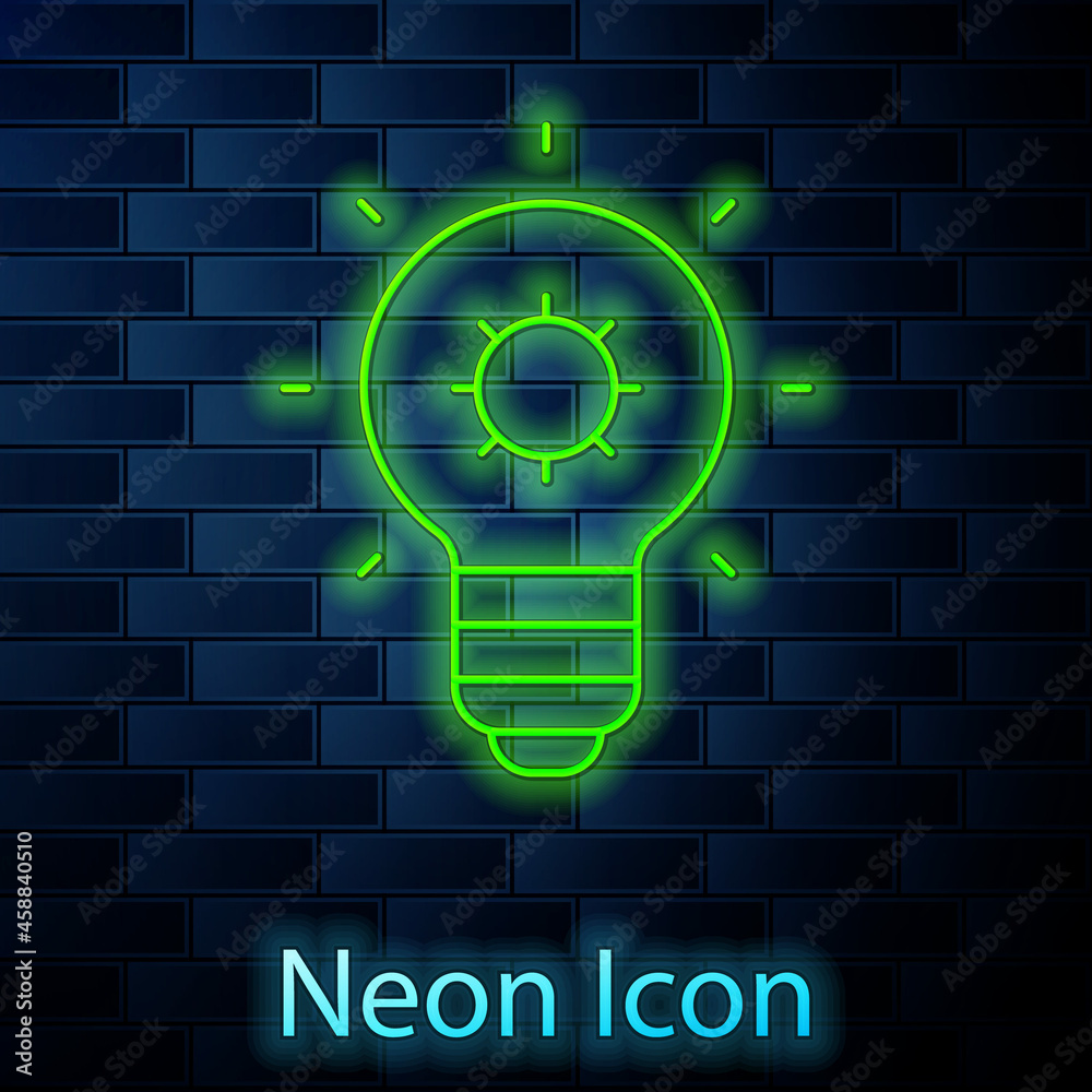 Glowing neon line Light bulb with concept of idea icon isolated on brick wall background. Energy and idea symbol. Inspiration concept. Vector Glowing neon line Light bulb with concept of idea icon isolated on brick wall background. Energy and idea symbol. Inspiration concept. Vector