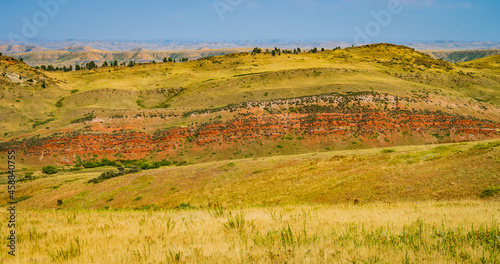 the colorful red canyon and golden grassy hills  in the Bighorn River landscape 