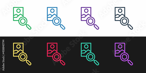 Set line Photo retouching icon isolated on black and white background. Photographer, photography, retouch icon. Vector