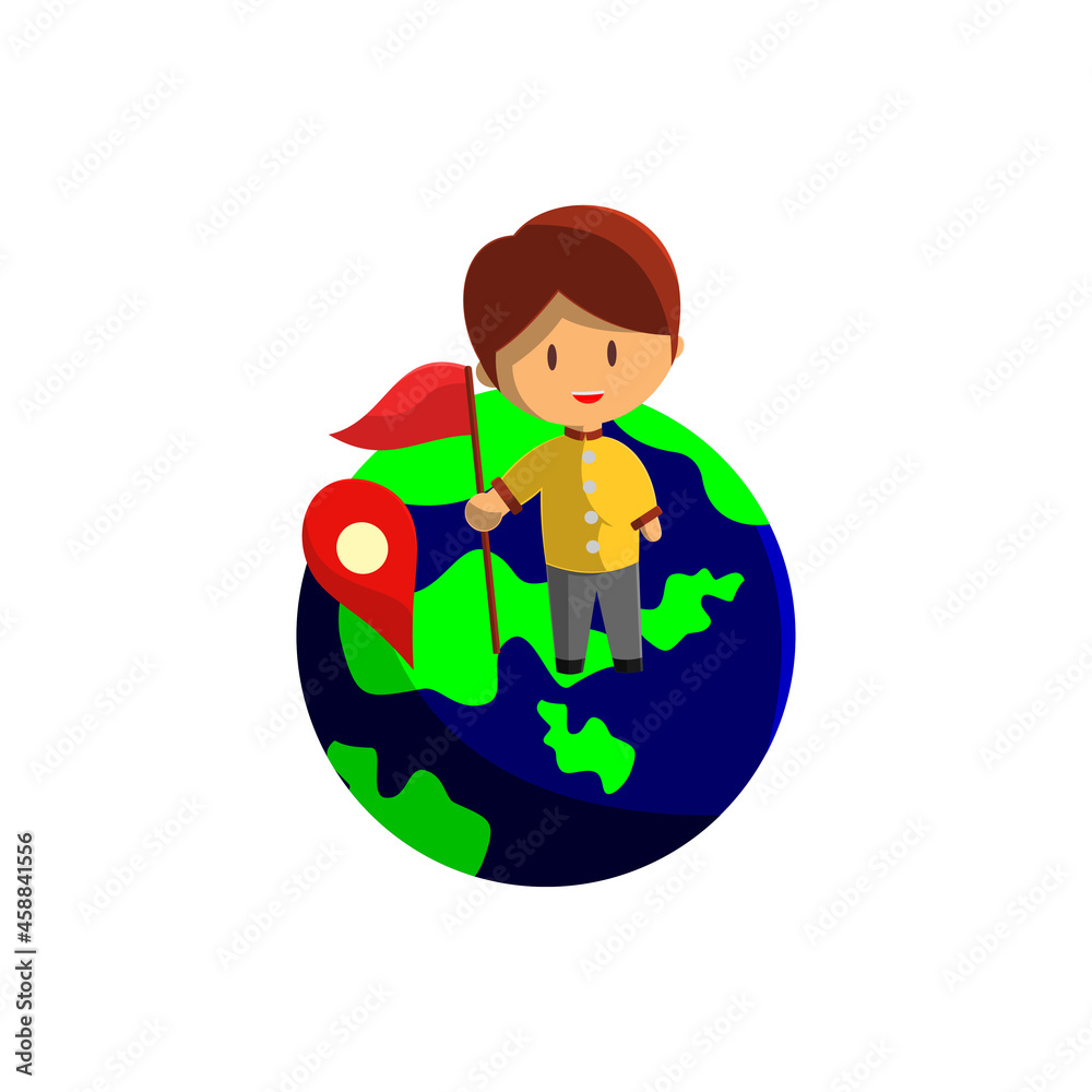 Boy is traveling on a globe . Character Vector Illustration on the theme World Tourism