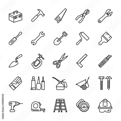 Work tool, hardware, equipment, icon set, vector illustration.
