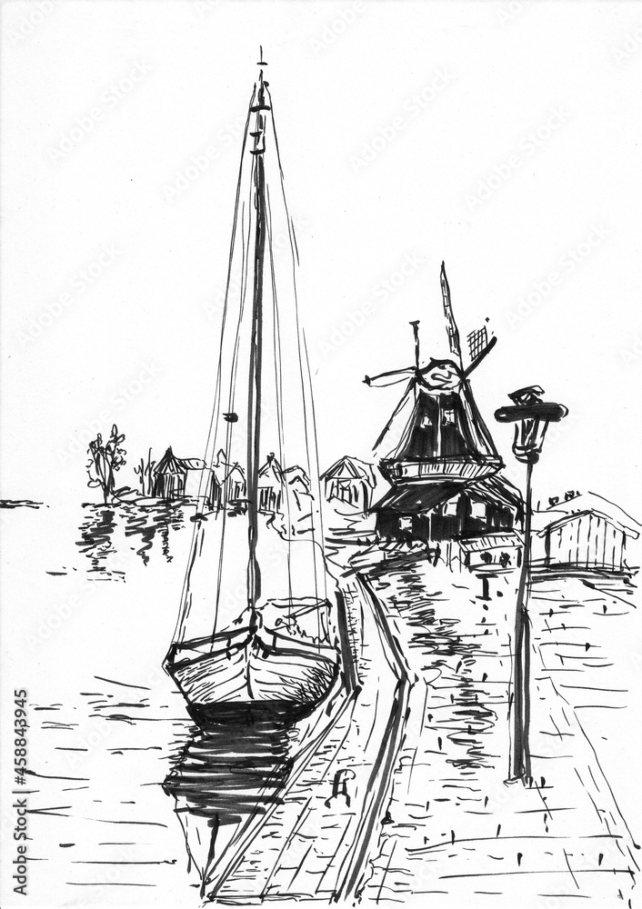 Fototapeta premium pier boat hand drawn illustration,art design