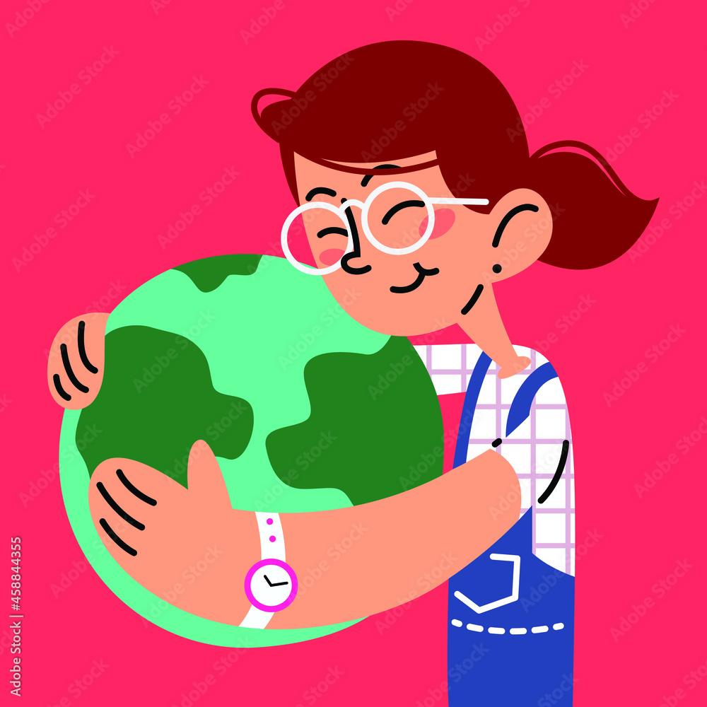 Cute little girl hugging earth flat vector illustration Cute little girl hugging earth flat vector illustration