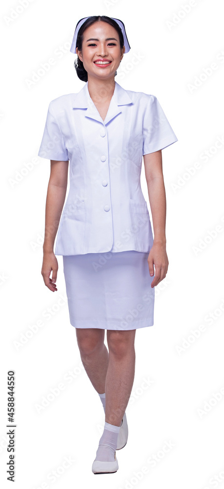 Full body length Figure 20s Asian Woman wear Nurse White uniform pants, shoes walk smile isolated