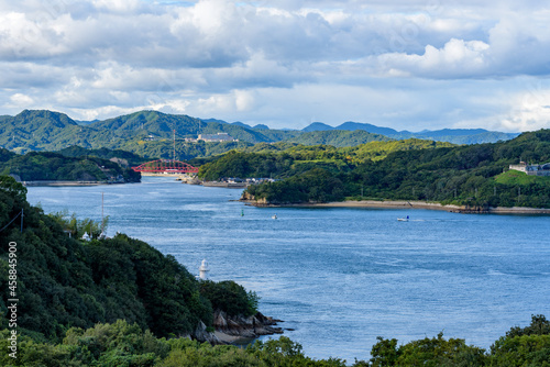 Coastal scenery of the Seto Inland Sea, the Mukaishima Bridge connecting Iwashijima and Mukaishima seen from Innoshima
