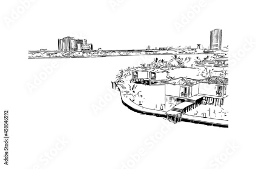 Building view with landmark of Kolkata is the city in India. Hand drawn sketch illustration in vector.