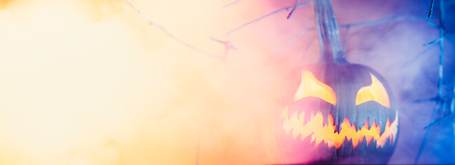 Spooky Halloween jack o lantern pumpkin with carved scary face glowing in fog on Halloween night. Copy space for text.
