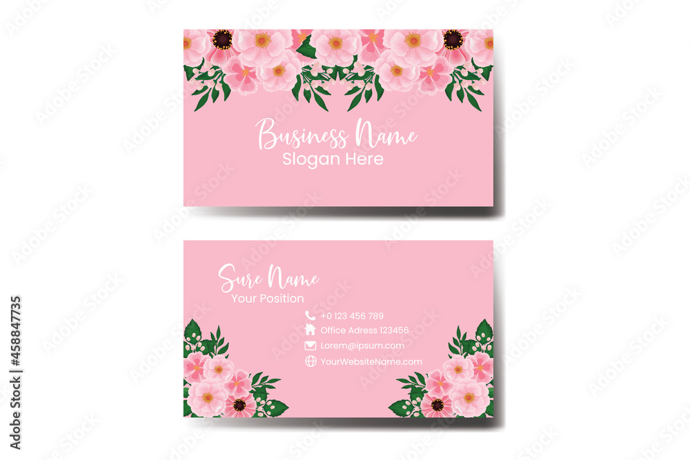 Business Card Template Pink Flower .Double-sided Pink Colors. Flat Design Vector Illustration. Stationery Design