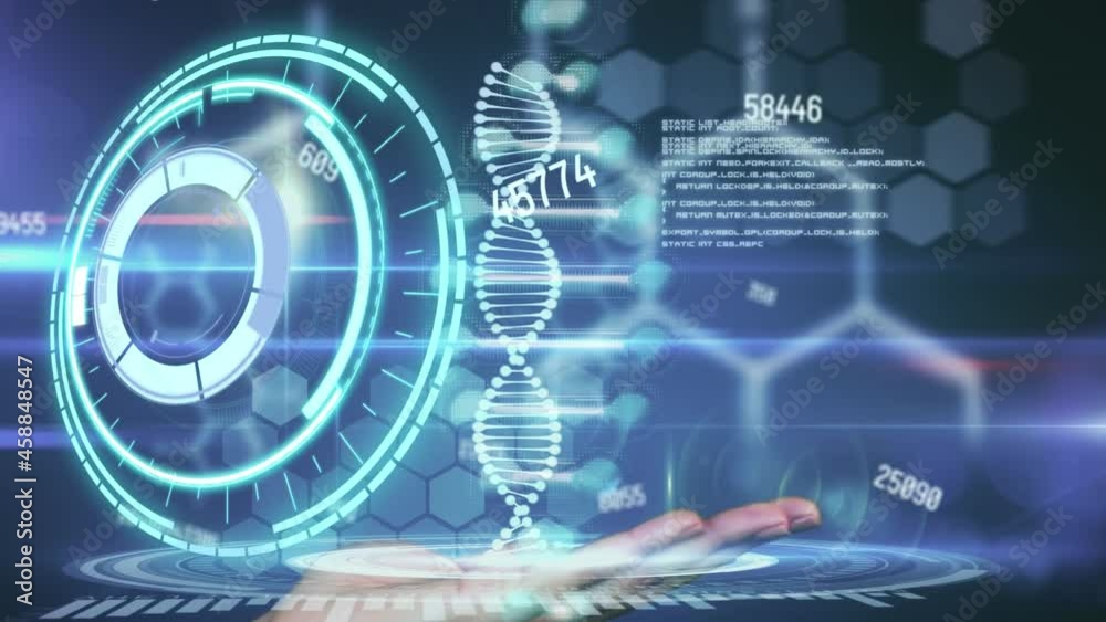 Animation of scope scanning, dna strand and data processing on black background Animation of scope scanning, dna strand and data processing on black background