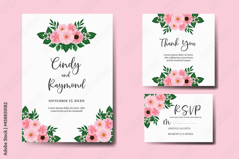 Wedding invitation frame set, floral watercolor Digital hand drawn Pink Flower design Invitation Card Template