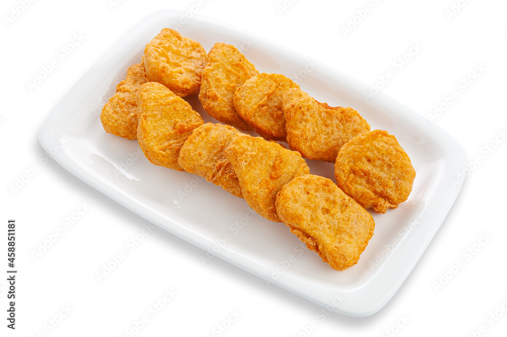 Chicken nuggets on a white rectangular ceramic plate. White background. Isolated. Chicken nuggets on a white rectangular ceramic plate. White background. Isolated.