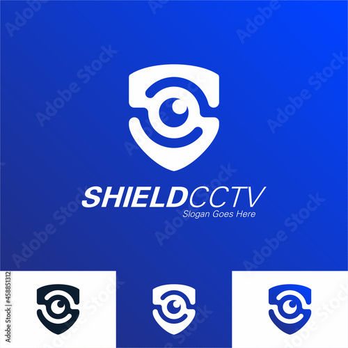 Security services vector icon shield eye hand cctv logo defend design template watching blue tech technology