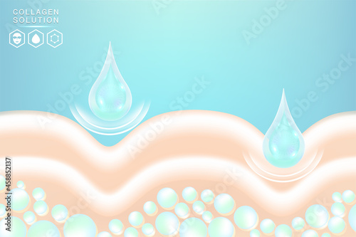 Hyaluronic acid skin solutions ad, blue collagen serum drops with cosmetic advertising background ready to use, illustration vector.