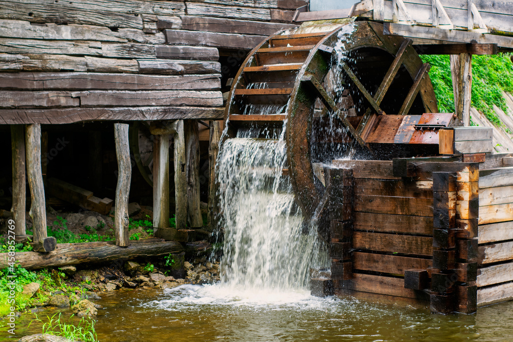Old water mill, mill wheel on the river - obrazy, fototapety, plakaty 