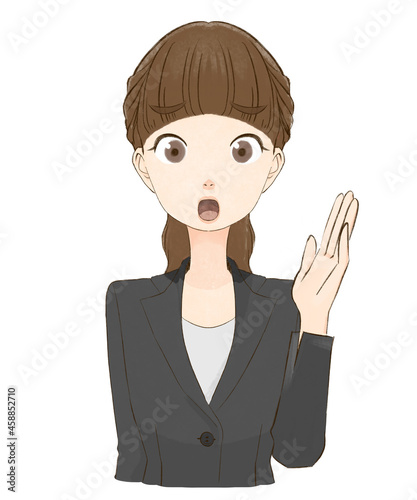 困り顔で案内するスーツを着た女性