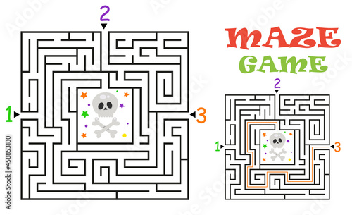 Rectangular halloween maze labyrinth game for kids. Labyrinth logic conundrum. Three entrance and one right way to go. Vector flat illustration