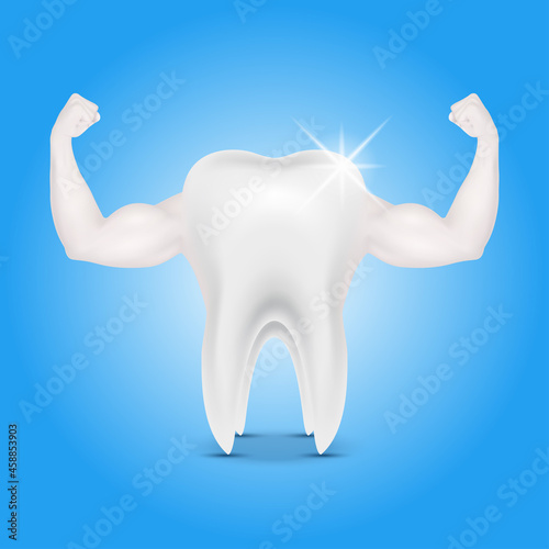 Muscle hand healthy and tooth strong sparkling white. Strong and healthy bodybuilder teeth metaphor. Children dentistry character. Teeth medical check up health concept. Realistic 3D vector.