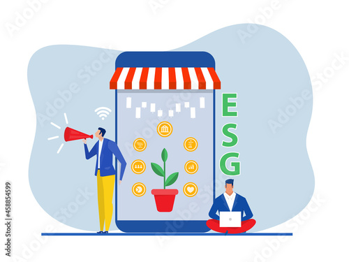 Businessman online shop promotion ESG or ecology  problem,Environmental, Social concept with marketing announce vector illustrator