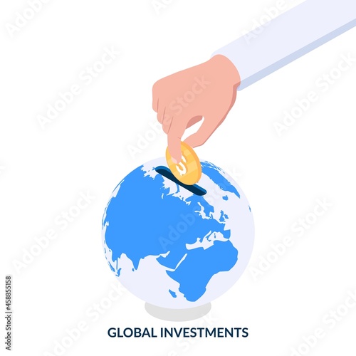 Global investments. Human hand puts a coin into a piggy bank in the form of the Earth. Isometric illustration on white background